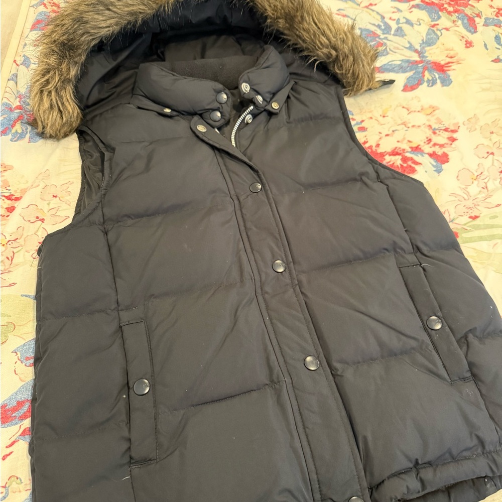 GAP Dark Puffer Vest with Fur Hood